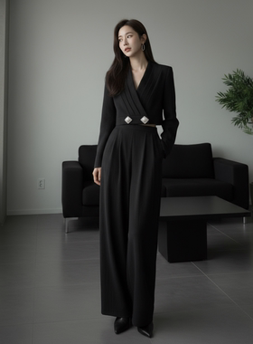 秋季暗调优雅气质钻扣交叠领西装上衣休闲裤时尚套装HBZX730016