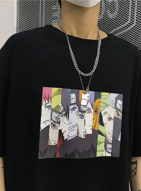 暗黑系火影忍者宇智波带土动漫印花宽松短袖T恤男女潮牌情侣Tee潮
