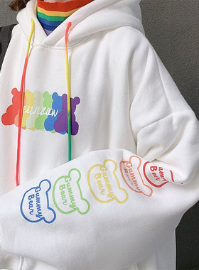 韩版oversize卫衣女连帽彩虹小熊卡通加厚绒情侣外套半高领两件套