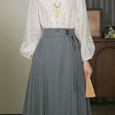 七分长裙套装【繁花+知棠序】刺绣短袖夏季简约薄款夏季汉服