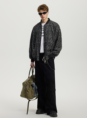 UNKNOWTAL 黑灰色方格拼接毛边飞行夹克宽松休闲高级高街外套