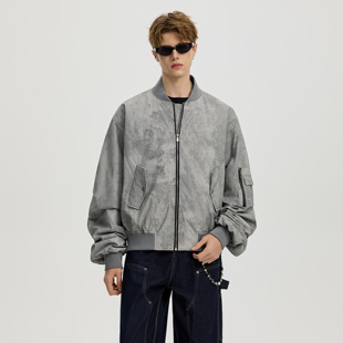 UNKNOWTAL美式机车夹克高级感扎染脏脏皮衣外套男款棒球服夹克