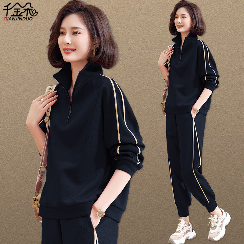 妈妈春装休闲 厚棉两件套新款洋派时尚中老年运动服套装女春秋宽