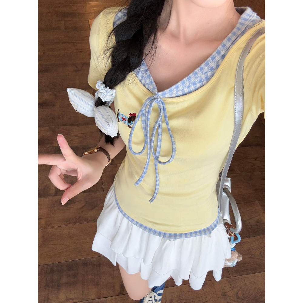 浅黄色格子拼接假两件v领短袖t恤女夏季系带设计修身显瘦正肩上衣