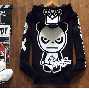 潮牌不死熊猫人贴布连帽卫衣男女式加绒加厚外套字母印花拉链帽衫