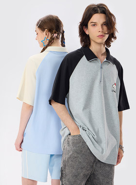 美式高街拉链翻领t恤男夏polo衫