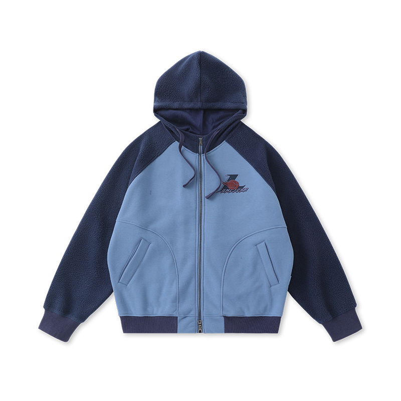 香港it潮牌插肩袖拼接羊羔绒连帽衫男女2025新款加绒开衫夹克外套