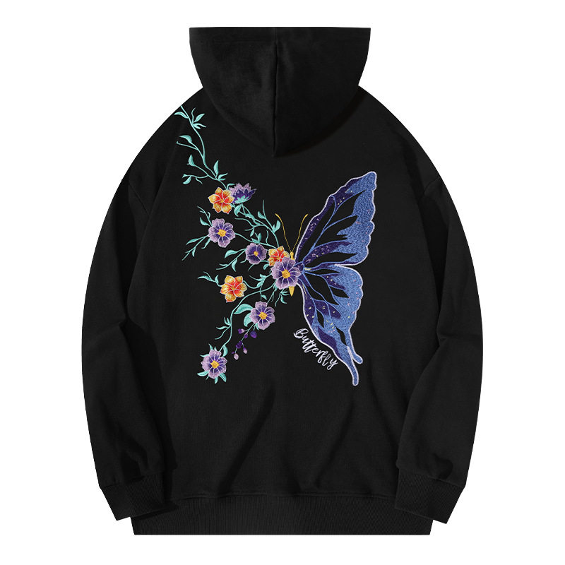 香港潮牌蝴蝶花卉刺绣连帽卫衣男女春秋美式休闲套头上衣情侣外套