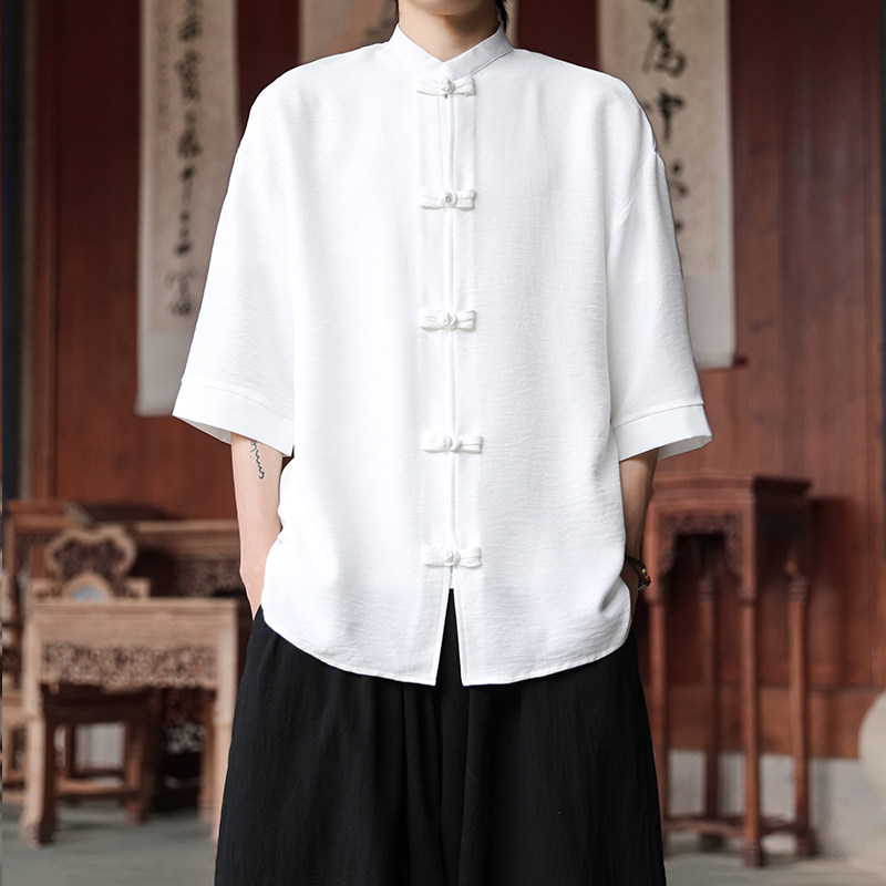 白色冰丝衬衫男夏季宽松盘扣短袖衬衣2025新中式男装国风唐装汉服