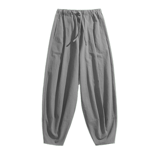 秋冬季中式亚麻加绒休闲裤阔腿裤中国风男士棉麻直筒灯笼裤汉服裤
