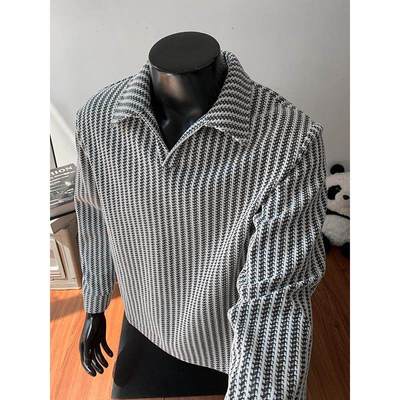 鱼骨纹V领POLO卫衣男秋季新款美式重磅松弛感条纹长袖t恤打底衫