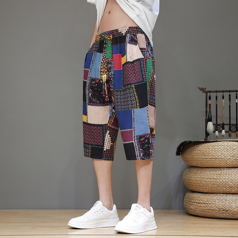 民族风七分裤男夏季薄款宽松大码新中式花裤子潮流日系休闲沙滩裤