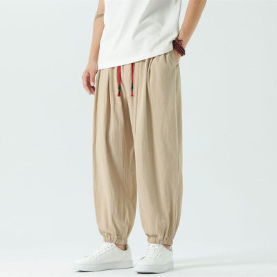 亚麻裤男夏季薄款束脚灯笼裤宽松阔腿九分裤棉麻休闲透气运动裤子