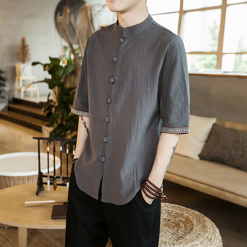 中式立领亚麻短袖衬衫男夏季国潮复古唐装上衣服大码棉麻半袖衬衣