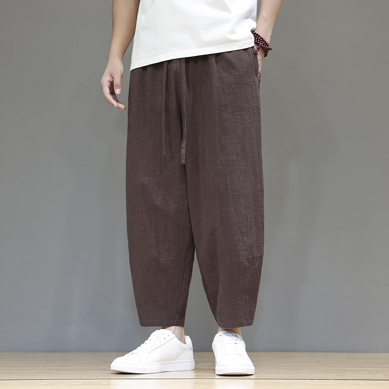 夏季100%纯色亚麻裤子男松紧腰大宽松薄款中国风九分灯笼裤休闲裤,男装,休闲裤,淘宝优惠券,粉丝福利购,淘宝优惠卷