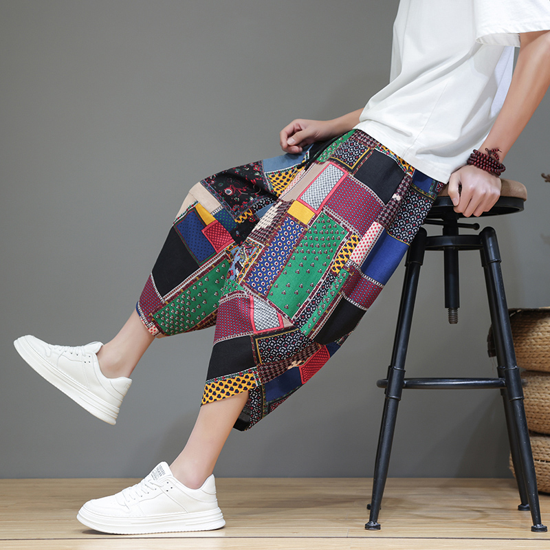 民族风裤子男夏季沙滩裤七分短裤宽松大码阔腿灯笼裤中国风萝卜裤