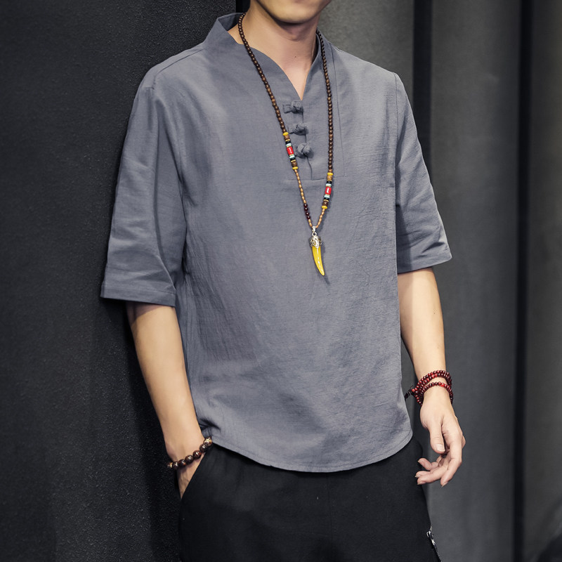 中国风男装盘扣亚麻短袖t恤男复古大码宽松半袖夏季棉麻唐装衣服
