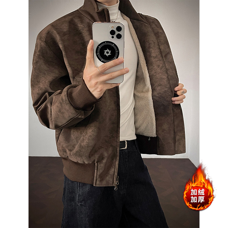 美式扎染pu皮衣棉服男款冬季加绒加厚保暖立领防寒机车服棉衣外套