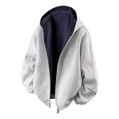 460G重磅拼色开衫卫衣男女同款连帽宽松休闲外套百搭运动情侣长袖