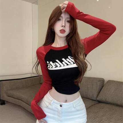 插肩长袖打底衫T恤女春秋季设计感辣妹修身显瘦短款内搭上衣酷辣