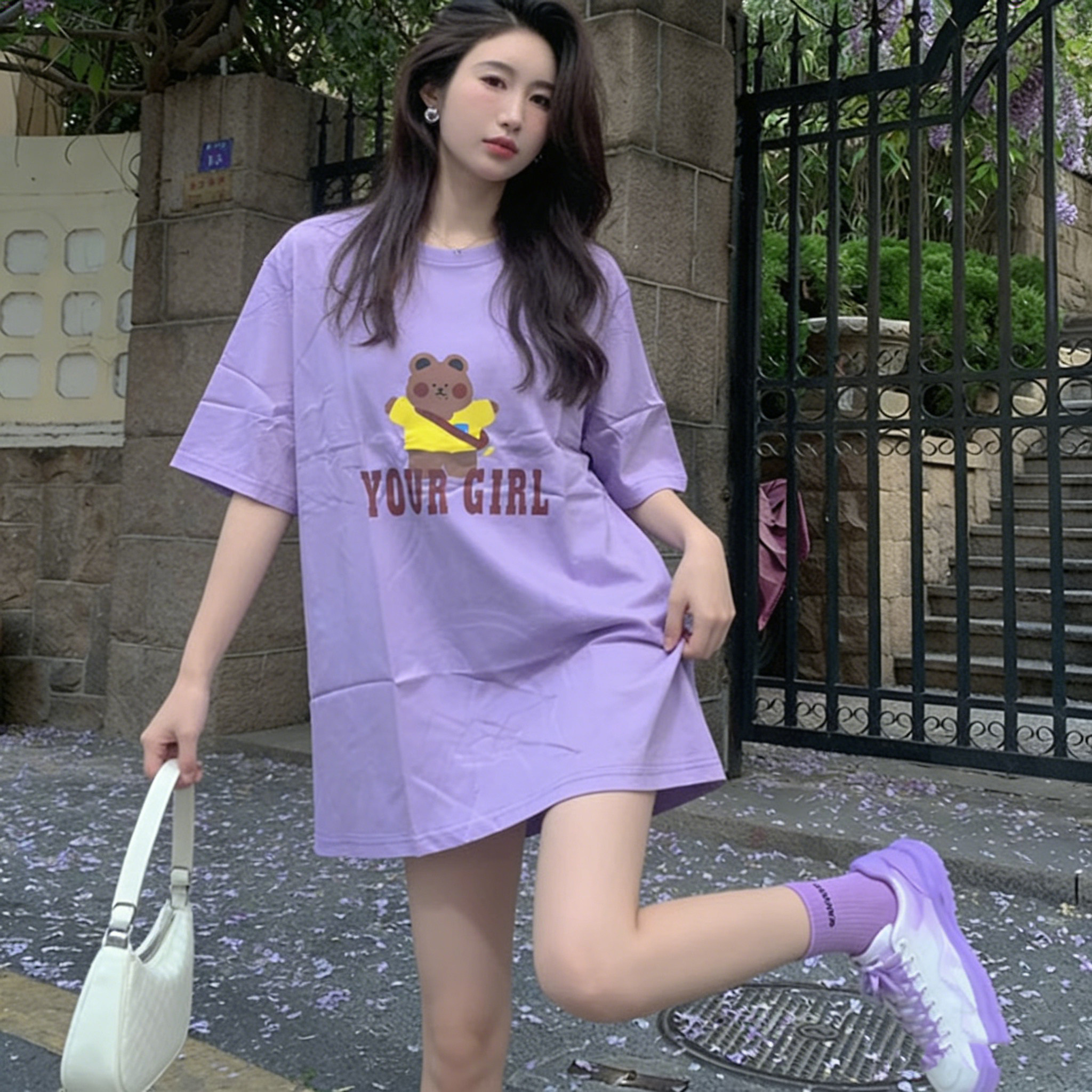 紫色卡通印花短袖T恤女2026夏季新款宽松中长款ins潮超火休闲上衣