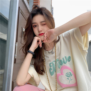 恤女短袖遮杏黄色宽松t爱心中长款潮牌印花屁股新款字母上衣2025