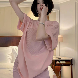 时尚宽松双爱心设计感粉红色短袖女夏韩版休闲中长款百搭T恤上衣
