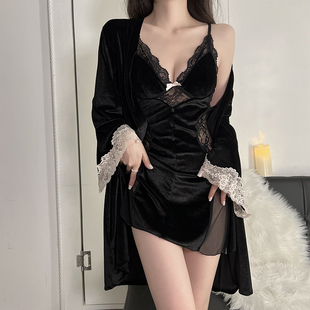 新款法式金丝绒睡衣女高级感纯欲斩男性感蕾丝吊裙睡袍黑色蝴蝶结