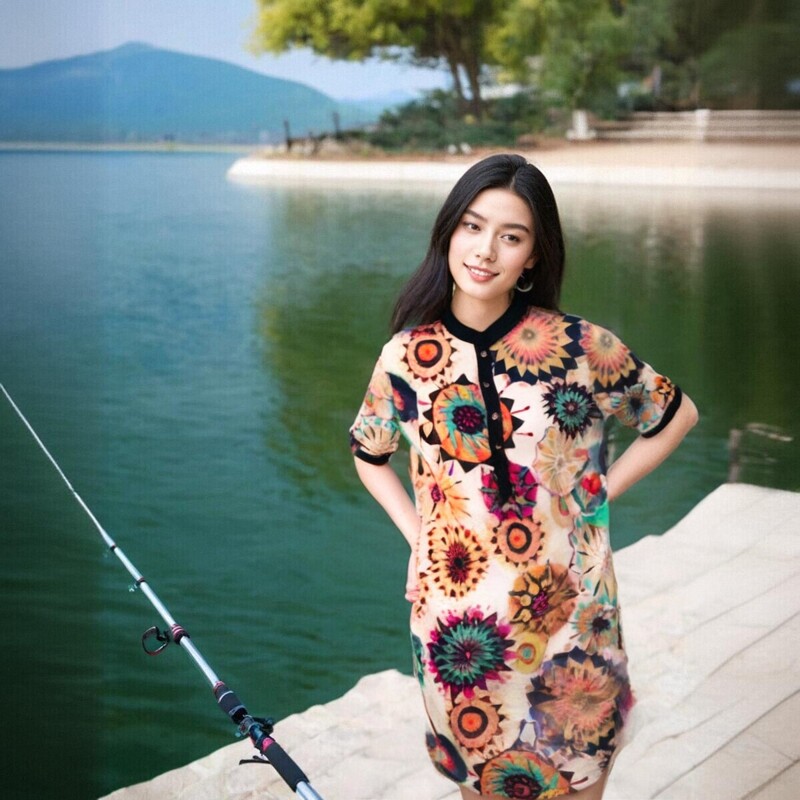 修身百搭立领短袖衬衫长款外贸ZA女装印花真丝上衣夏季新款
