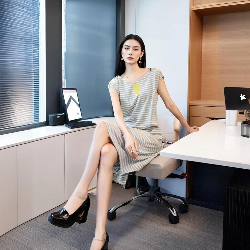 欧美风M家纯棉针织T裙子系带圆领外贸条纹连衣裙修身束腰家居睡裙