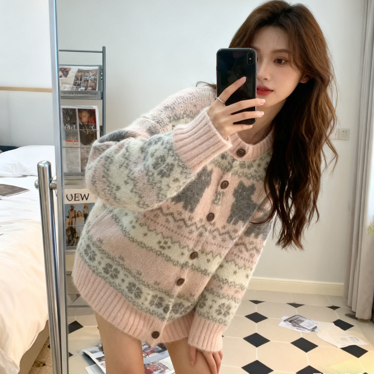 费尔岛风粉色针织开衫毛衣女