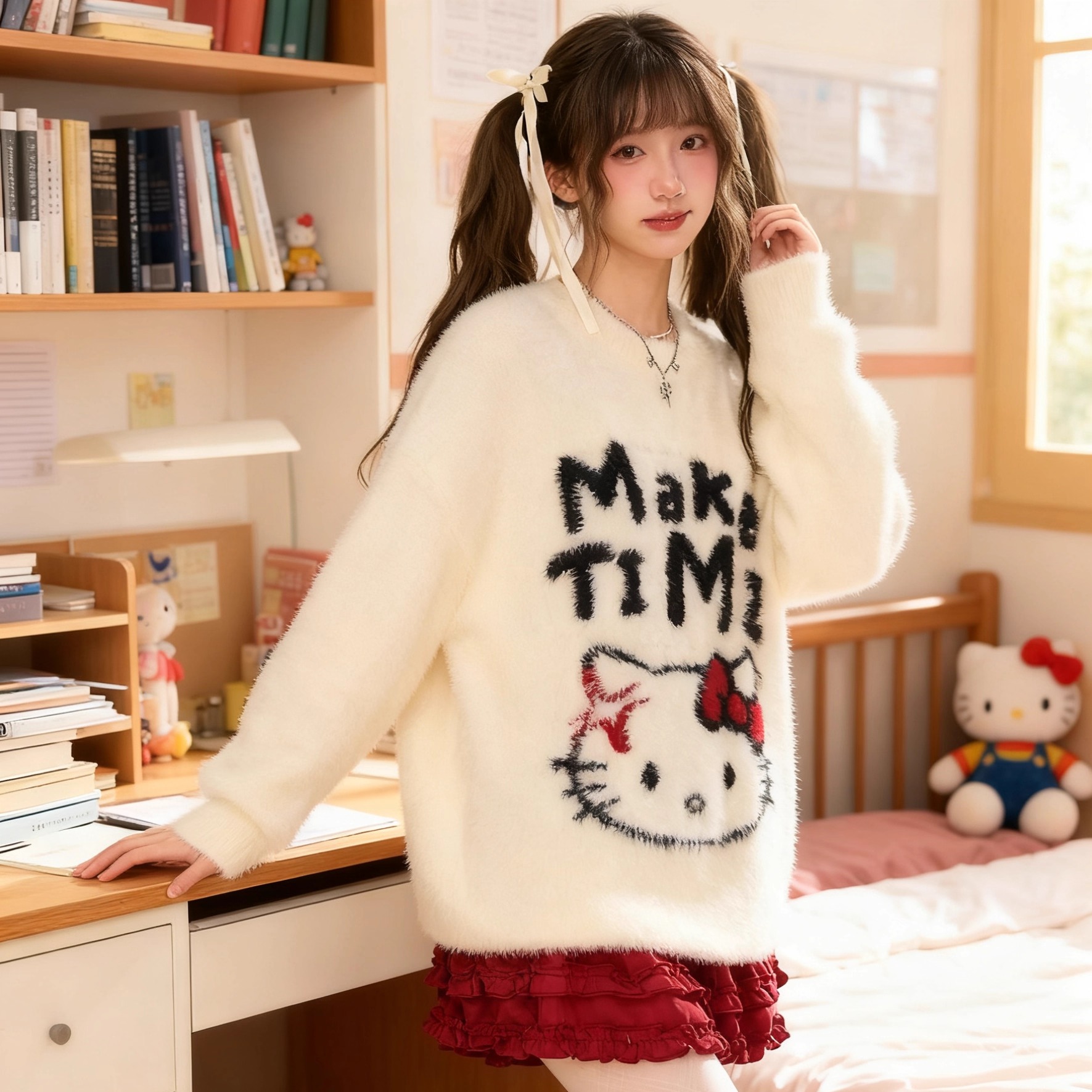 秋冬季宽松圆领毛衣可爱猫咪