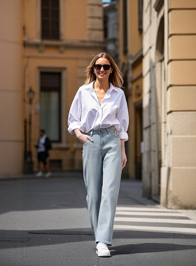 新品衣莎美诺绣花牛仔裤长款春秋刺绣阔腿女休闲蓝色Y062C0532