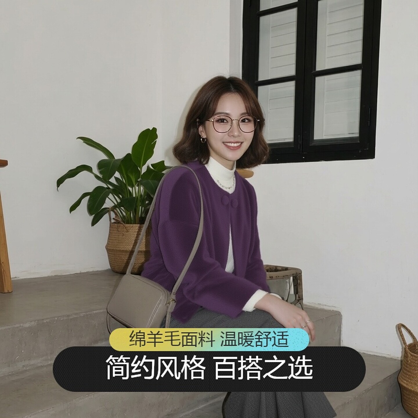 新品春秋冬羊毛骆驼绒双面呢大衣女保暖宽松短款外套简约紫色ARYK