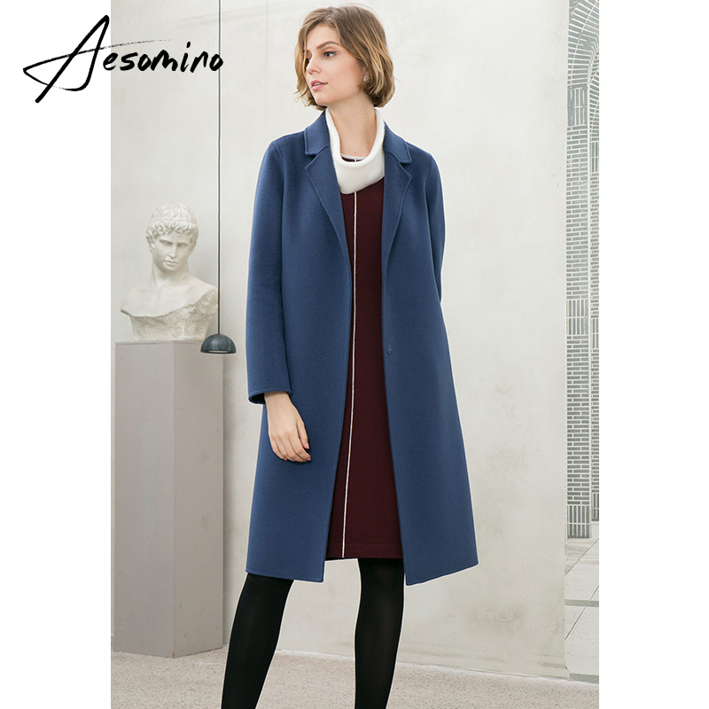 Aesomino/衣莎美诺简约大气静谧蓝羊毛双面呢大衣女外套64082123