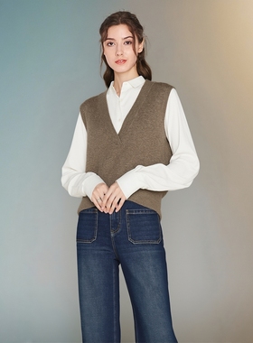 衣莎美诺春秋冬百搭纯羊毛V领马夹女马甲驼色背心宽松Y069C2101