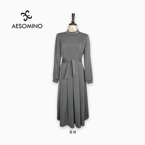 AESOMINO衣莎美诺气质简约通勤春秋墨绿色连衣裙Y473CC913