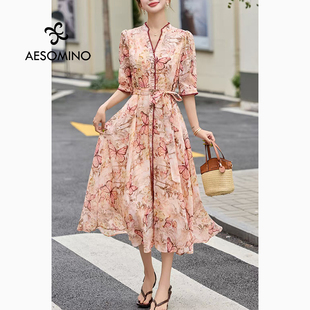 民族风亚麻连衣裙凉感天丝女文艺显瘦气质花色长裙子夏Y058B3137