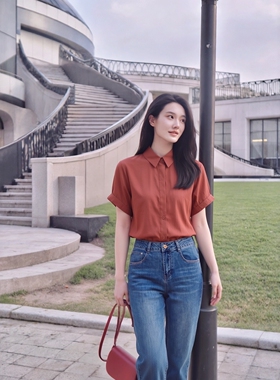 衣莎美诺夏休闲天丝短袖衬衫女修身翻领上衣中长款红色Y498B7602