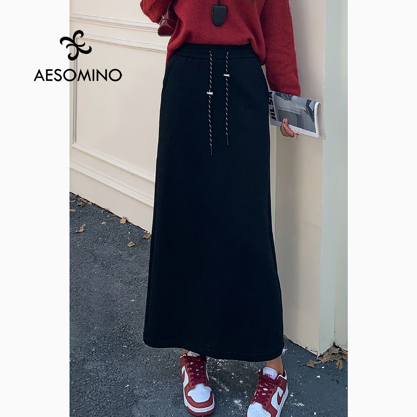 100%棉直筒休闲裙女ATYD秋冬高腰抽绳后开叉半身裙百搭修身长裙,女装/女士精品,半身裙,淘宝优惠券,粉丝福利购,淘宝优惠卷