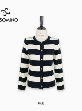 衣莎美诺春秋圆领艺术家气质经典法式条纹针织开衫Y397C2388