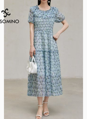 衣莎美诺夏减龄显瘦通勤圆领短袖蓝色碎花连衣裙中长裙Y660B5536