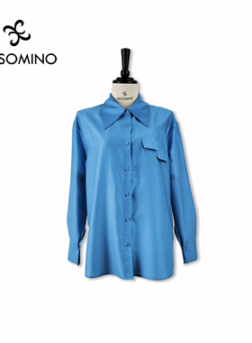衣莎美诺春秋莱赛尔天丝长袖衬衫女上衣白色蓝色Y332C3416