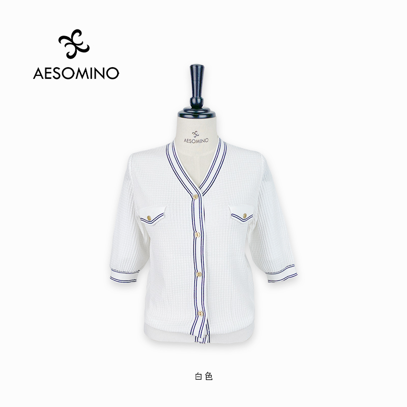 Aesomino/衣莎美诺针织中袖开衫白色Y539B5860