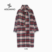 格子毛呢双面大衣带围巾Y658D8657 衣莎美诺冬长款 新 Aesomino