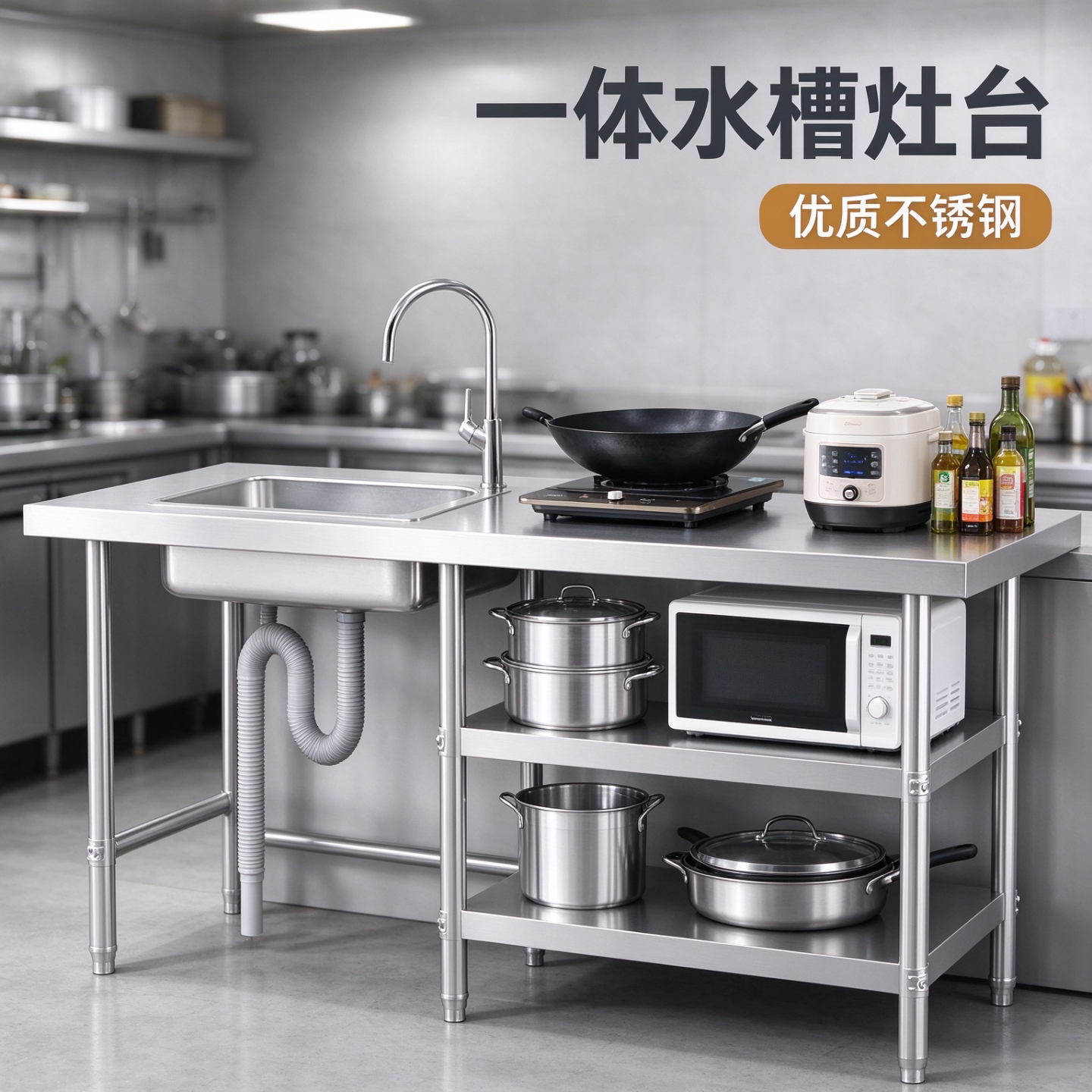加厚厨房不锈钢水槽台面一体