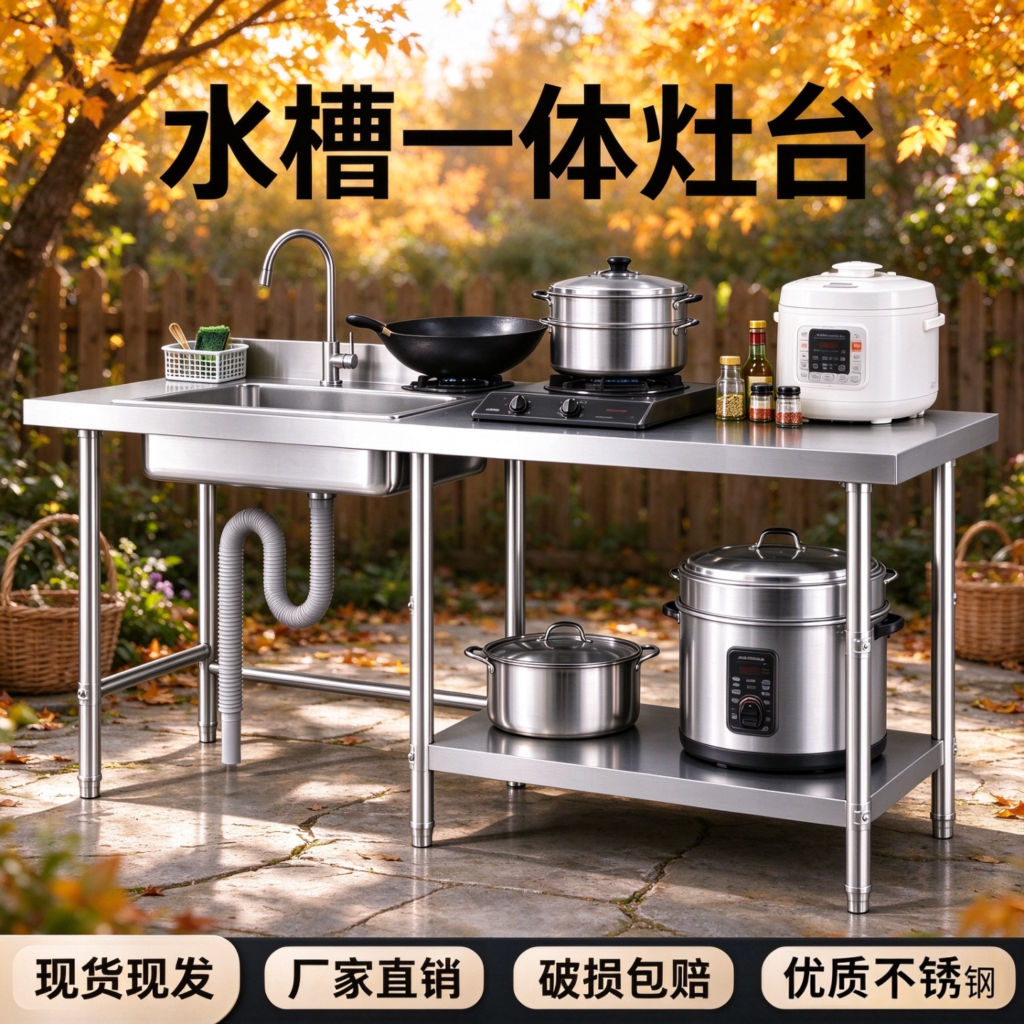 加厚不锈钢灶台厨房操作台多层收纳工作台多功能带水槽洗菜盆