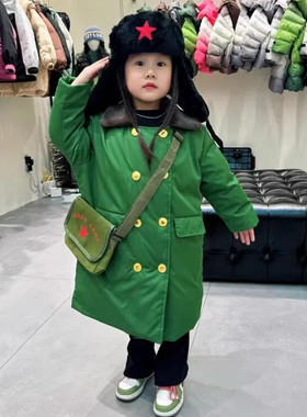儿童军绿色大衣男童装女宝宝冬季加厚棉绒袄小孩抖音网红过年棉服