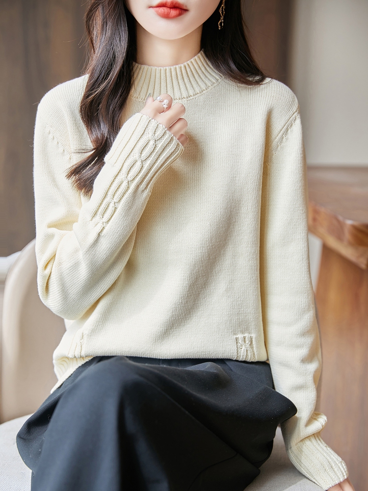 MONLOUVE法式半高领绞花100纯线针织衫女2025新款加厚套头打底保