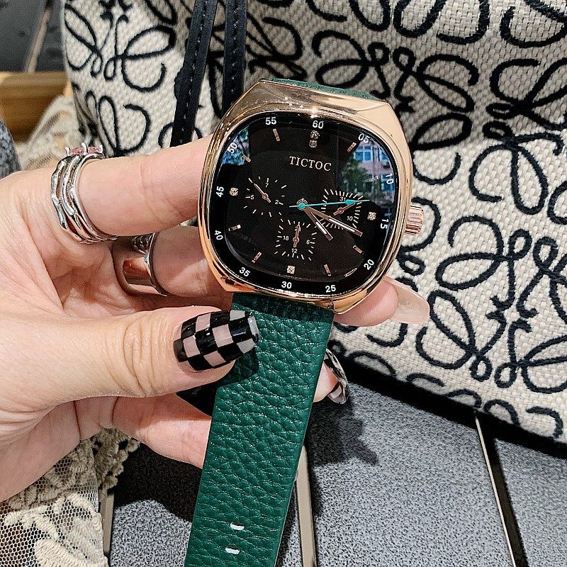 tictoc表女皮表带中性ins大表盘时尚士手表韩版潮流方形